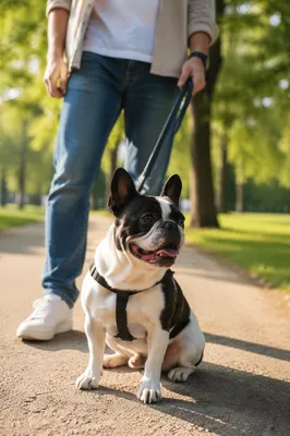 Bulldog on Leash in Sunny Park