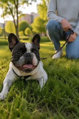 Happy Bulldog on Peaceful Park Walk