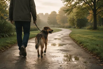 Dog and Owner Walking After Rain