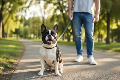 Bulldog on Leash in Sunny Park