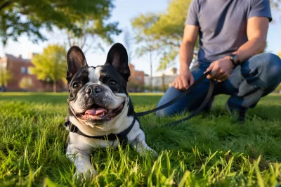Happy Bulldog Resting During Park Walk