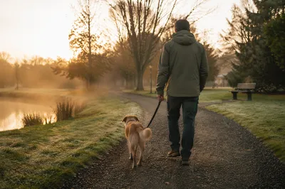Morning Park Walk with Dog and Owner