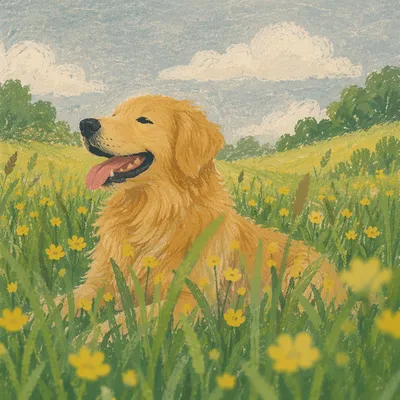 Happy Golden Retriever in Spring Meadow