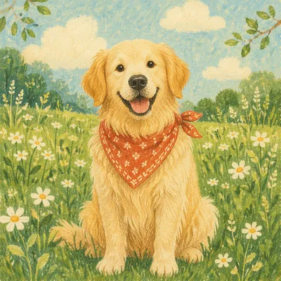 Happy Golden Retriever in Spring Meadow