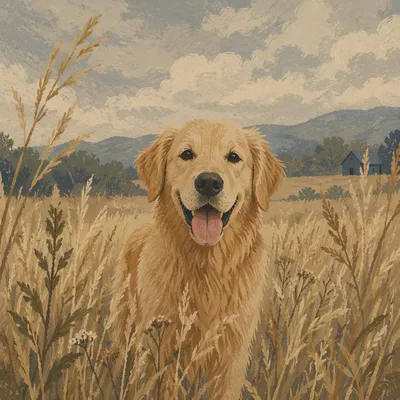 Happy Golden Retriever in Rural Field