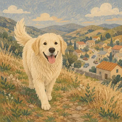 Happy Golden Retriever on Sunny Hillside