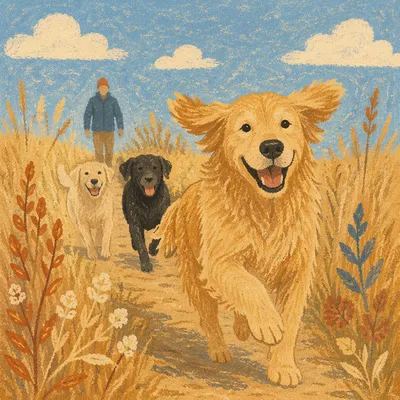 Happy Golden Retriever Running Through Prairie Grass