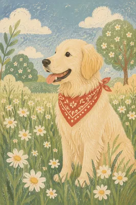 Happy Golden Retriever in Spring Meadow
