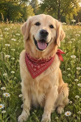 Happy Golden Retriever in Spring Meadow