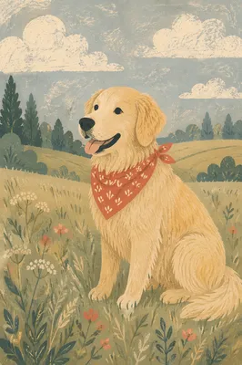 Happy Golden Retriever in Meadow Bandana