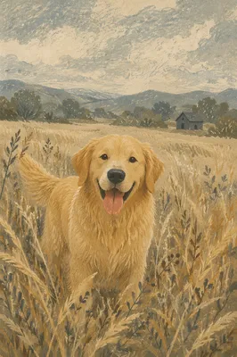 Happy Golden Retriever in Wild Grass Field