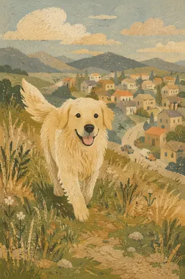Happy Golden Retriever on Sunny Hillside