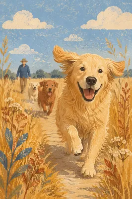 Happy Golden Retriever in Prairie Field