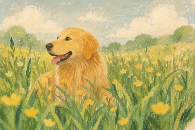 Happy Golden Retriever in Spring Meadow