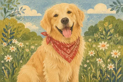Happy Golden Retriever in Spring Meadow