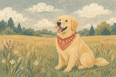 Happy Golden Retriever in Meadow Bandana