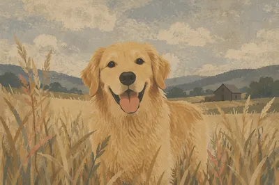 Happy Golden Retriever in Rural Field