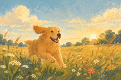 Happy Golden Retriever Running Through Summer Meadow