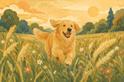 Happy Golden Retriever Running Through Summer Meadow