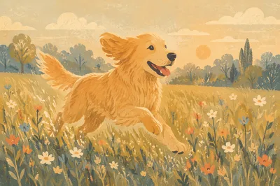 Happy Golden Retriever Running Through Meadow