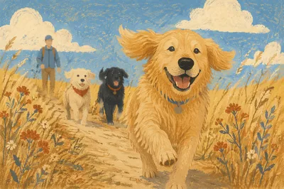 Happy Golden Retriever Running Through Prairie Field