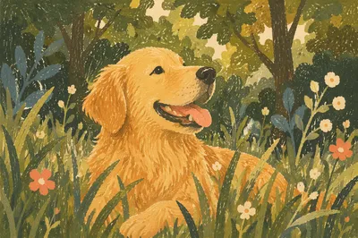 Happy Golden Retriever in Meadow Grass