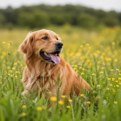 Happy Golden Retriever in Spring Meadow