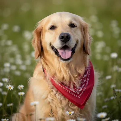 Happy Golden Retriever in Spring Meadow