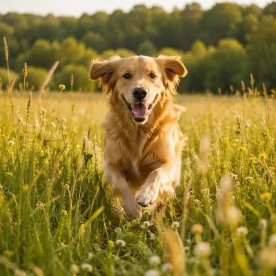 Happy Golden Retriever Running Through Summer Meadow
