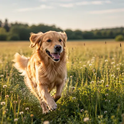 Happy Golden Retriever Running Through Meadow