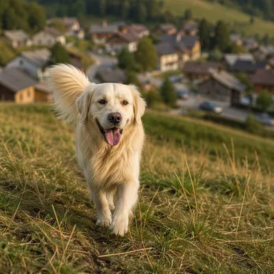 Happy Golden Retriever on Grassy Hillside