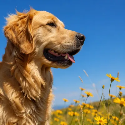Happy Golden Retriever in Wildflower Field