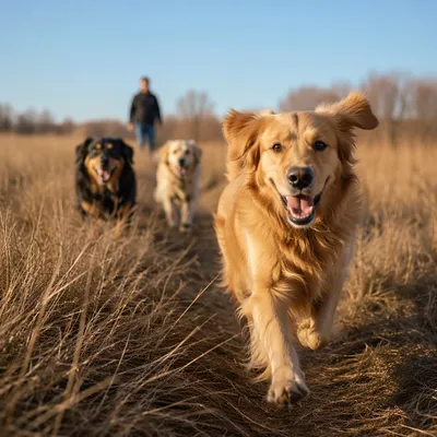 Happy Golden Retriever Running Through Prairie Grass
