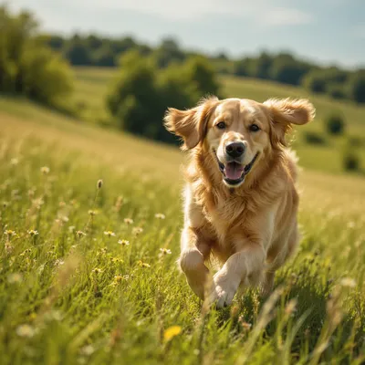 Happy Golden Retriever in Sunlit Summer Meadow