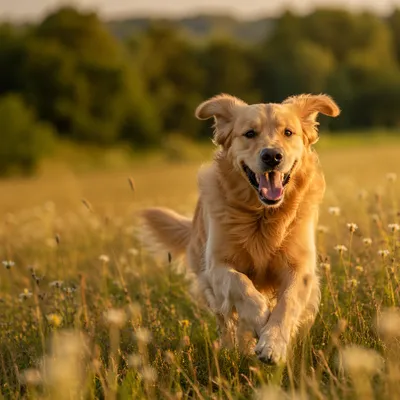 Golden Retriever Running Joyfully Through Meadow