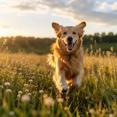 Happy Golden Retriever in Sunlit Meadow