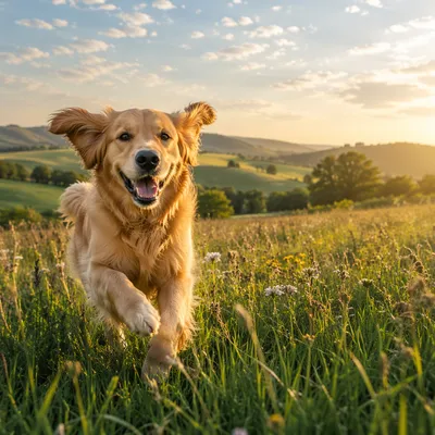 Happy Golden Retriever in Sunlit Meadow
