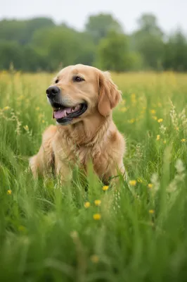 Happy Golden Retriever in Spring Meadow
