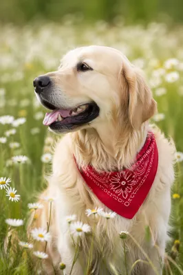 Happy Golden Retriever in Spring Meadow