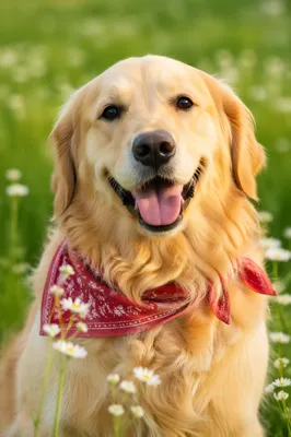 Happy Golden Retriever in Spring Meadow