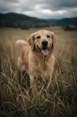 Happy Golden Retriever in Wild Grass Field