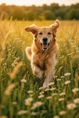 Happy Golden Retriever Running Through Meadow