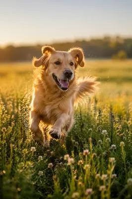 Happy Golden Retriever Running Through Meadow