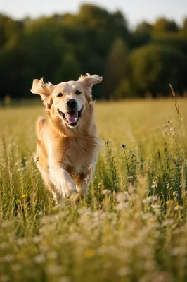 Golden Retriever Running Through Sunny Meadow
