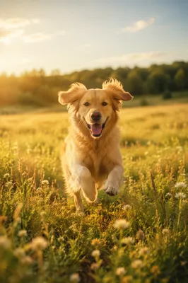 Happy Golden Retriever in Sunlit Meadow
