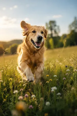 Happy Golden Retriever in Sunlit Meadow