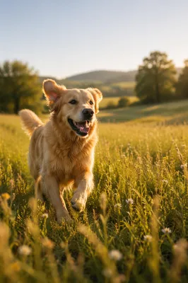 Happy Golden Retriever in Sunlit Meadow