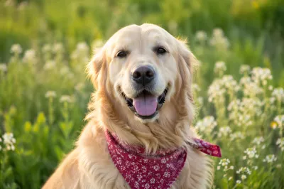 Happy Golden Retriever in Spring Meadow