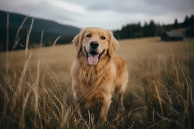 Happy Golden Retriever in Rural Field