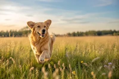 Happy Golden Retriever Running Through Summer Field